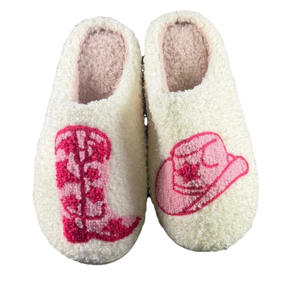 Cozy Women's Cream Slippers with Pink Western Boot & Hat Design